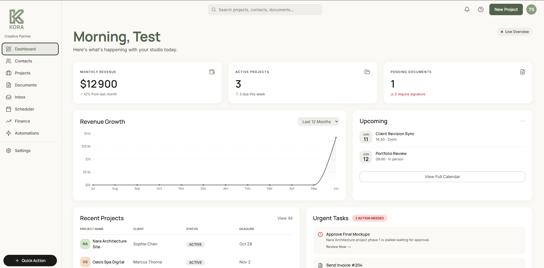 Tableau de bord Kora : revenus du mois, projets actifs, documents en attente