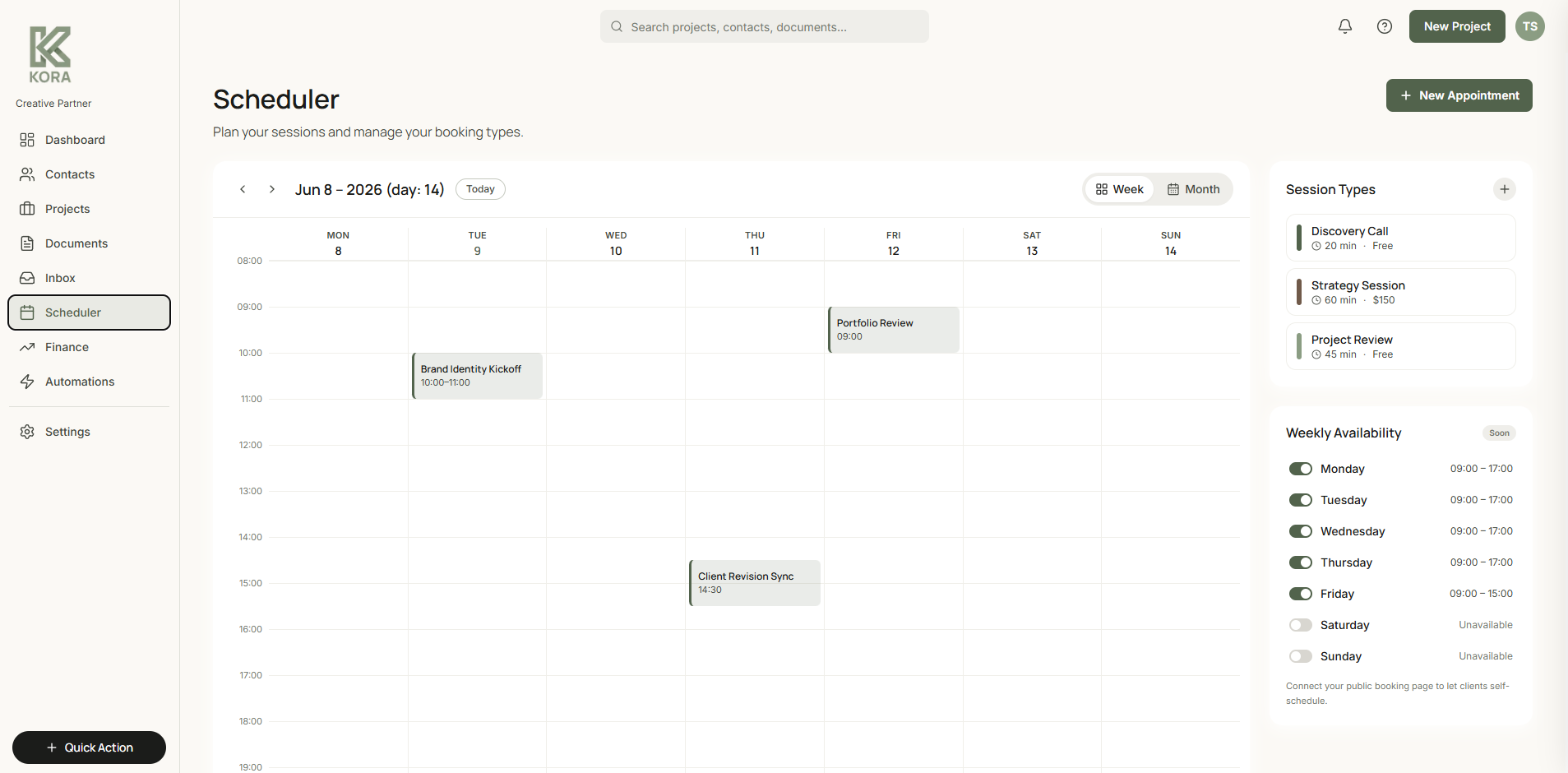 Scheduler Kora : agenda hebdomadaire, types de session et disponibilités